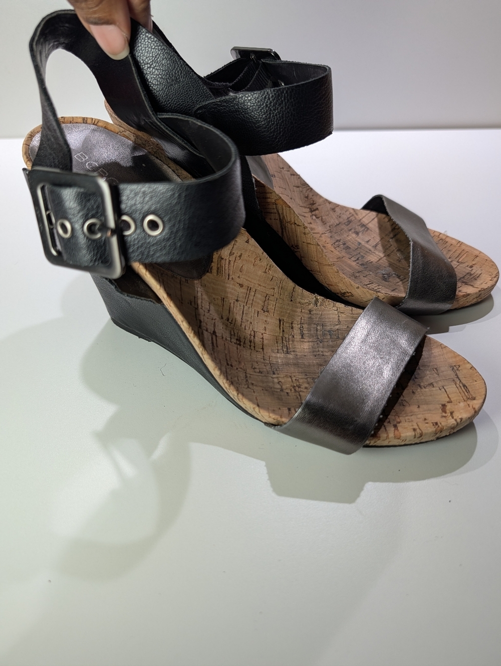 BCBGeneration Black Leather  Cork-Trim Wedge Sandals